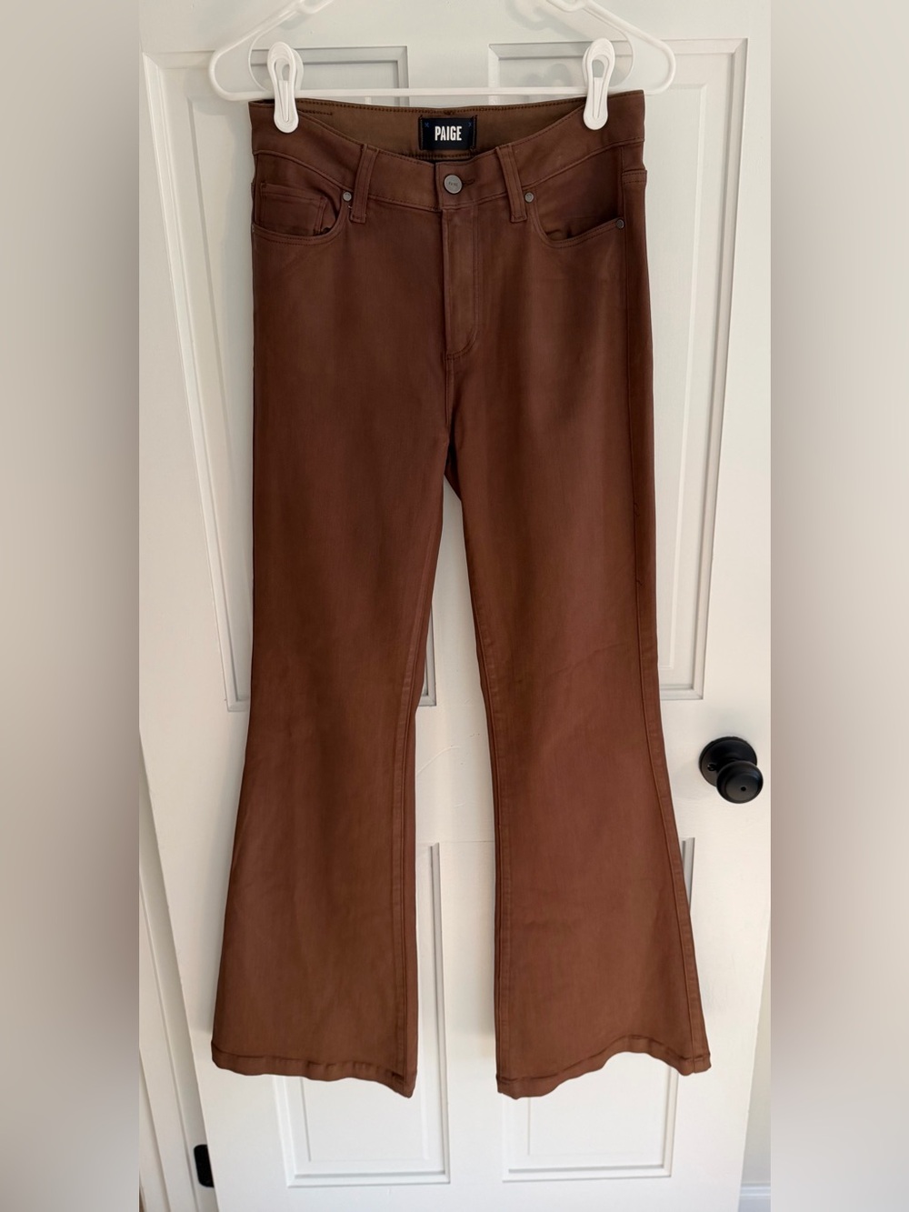 PAIGE‎ Genevieve Cognac Luxe Coated High Rise Flare Jeans 28 x 32